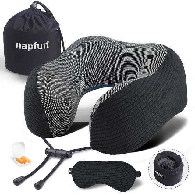 napfun Neck Pillow for Traveling, Upgraded Travel Neck Pillow for Airplane 100% Pure Memory Foam Travel Pillow for Flight Headrest Sleep, Portable Plane Accessories, Striped Black