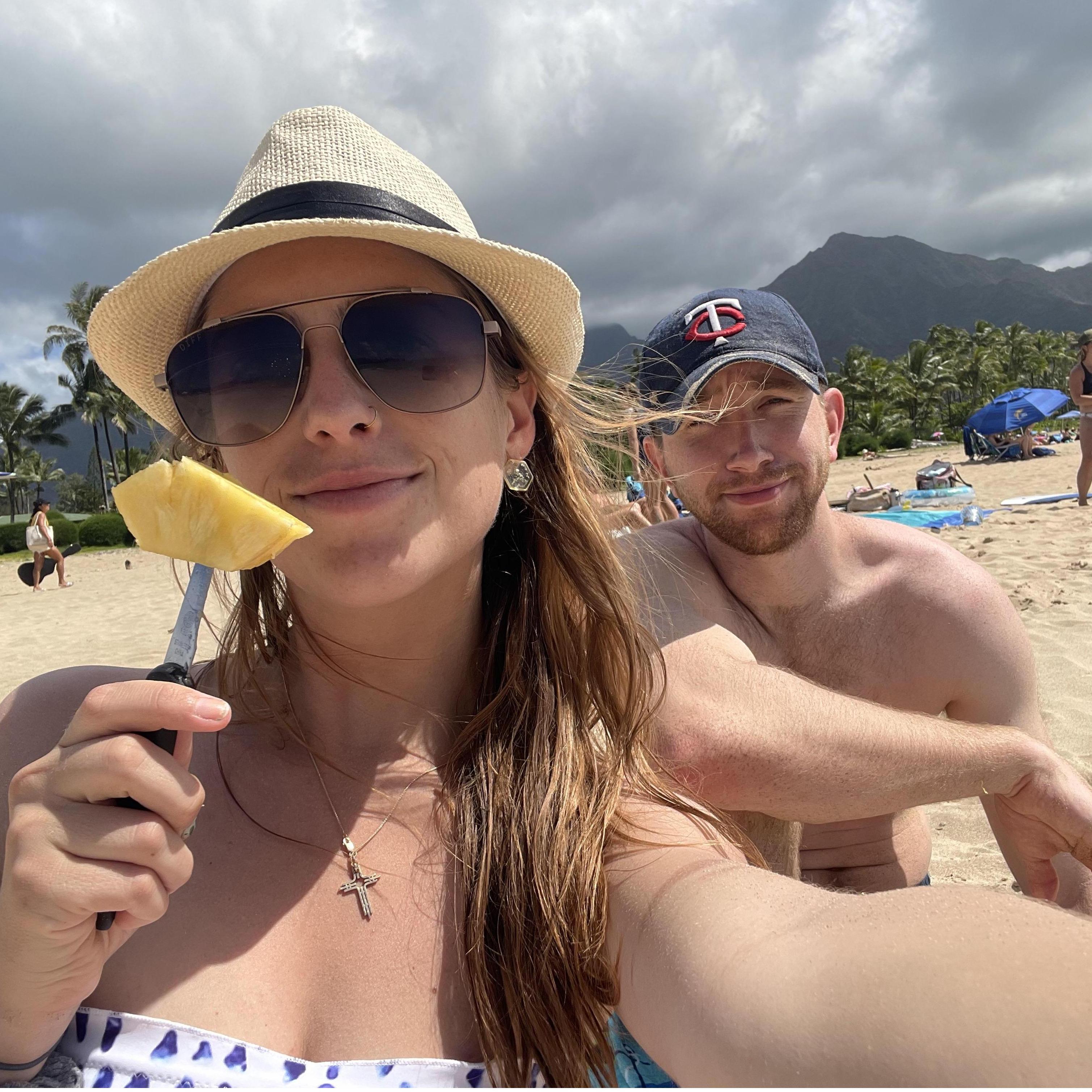 Fresh pineapple on the beach in Kauai.