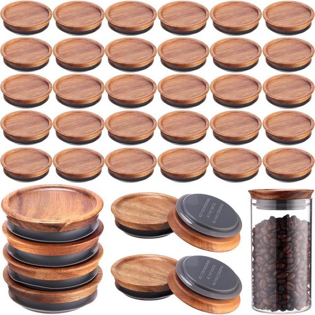 Mifoci 48 Pcs Regular Mouth Mason Jar Lids Acacia Wooden Storage Canning Jar Lids Wood Mason Jar Covers with Airtight Silicone Seal, Brown, 2.87 x 2.87 x 0.79 Inch
