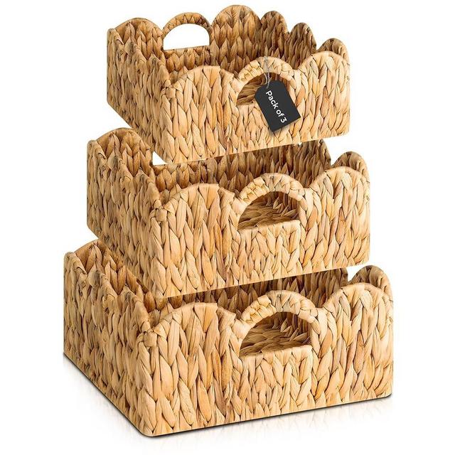 COOLAB Elegant Scalloped Wicker Basket Set with Handles - Set of 3 | Handwoven Water Hyacinth Baskets for Nursery, Bathroom, Living Room Decor, Scalloped Edge Basket Shelf Decorative (Water Hyacinth)