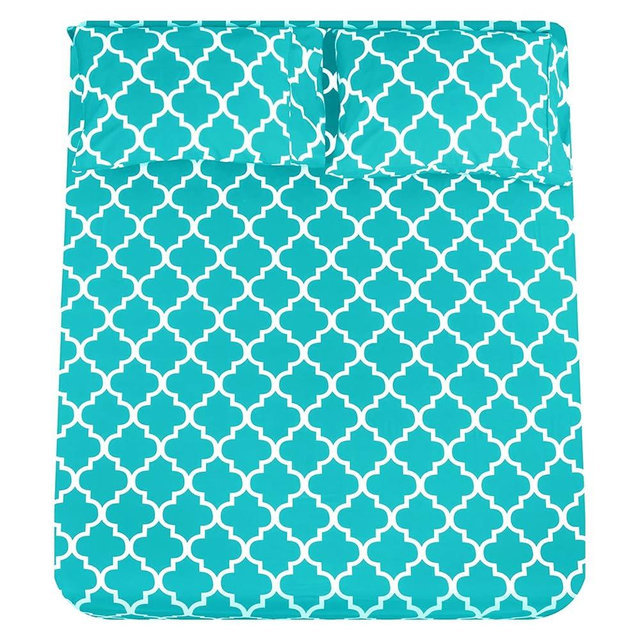 Mejoroom Queen Bed Sheet Set - Super Soft Brushed Microfiber - 1800 Thread Count Queen Sheets with 16 inch Deep Pocket - Wrinkle Free - 4 Piece(Queen, Aqua Quatrefoil with White Pattern)