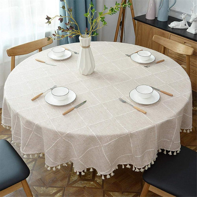 Fhberni Round Tassel Plaid Tablecloth, Heavy Weight Cotton Linen Fabric Table Cover for Kitchen Dining Tabletop Decoration, Beige, 70" Round