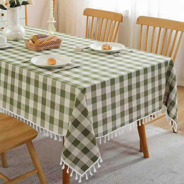 JIALE Gingham Tablecloth Square Cotton Linen Fabric Checkered Table Cloth with Tassel Washable Wrinkle Free Buffalo Plaid Table Cover for Outdoor Party Picnic Kitchen Dining, Green, 55x55