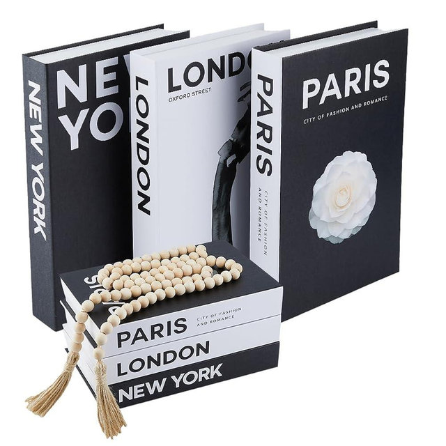 DICOSMETIC 3Pcs Decorative Books for Home Decor Coffee Table Books Faux Book for Decoration Stacked Book with 1Pc Wood Beaded Pendant（London/Paris/New York）