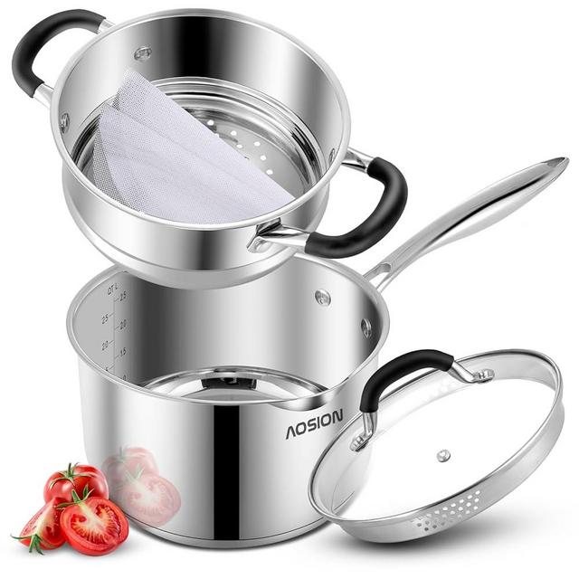 AOSION 2.5 Quart Stainless Steel Saucepan with Steamer Basket,Small Pots for Cooking,Steamer Pan with Pour Spout,Strainer Glass Lid,Perfect For Vegetables Boiling Gravies,Pasta,Noodles