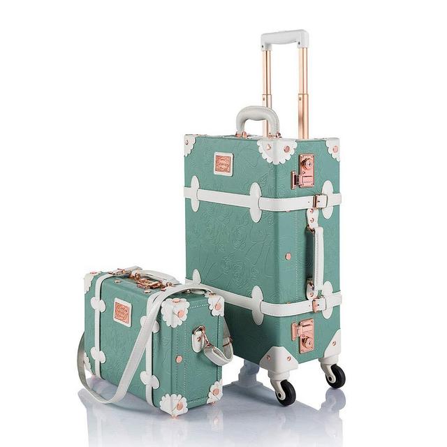 COTRUNKAGE Vintage Trunk Luggage Set TSA Lock Carry On Suitcase for Women (13&quot; & 20&quot;, Embossed Mint)