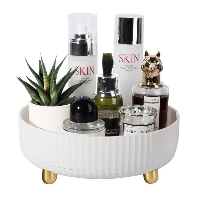 Makeup Perfume Organizer Tray 360 Degree Rotating Lazy Susan Skincare Lotion Organizer Spinning Cosmetics Storage for Dresser, Vanity, Bathroom Countertop, Small White
