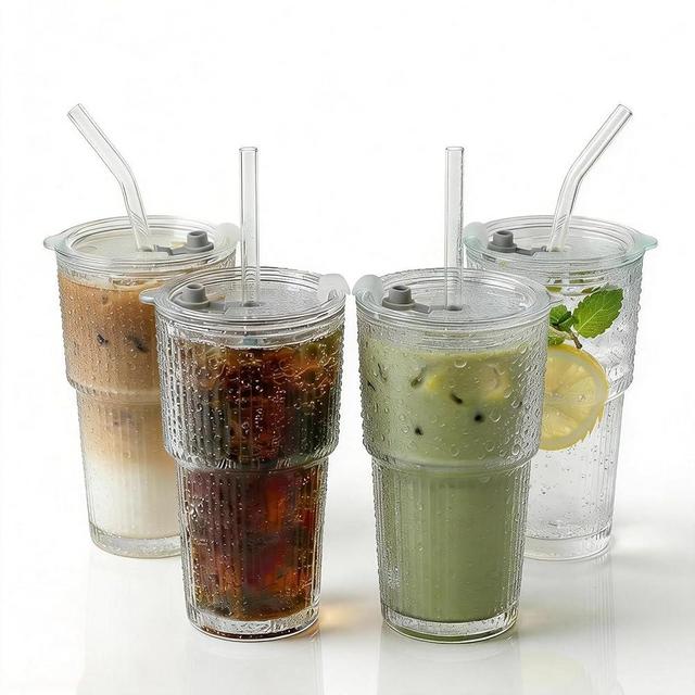 QBrBk 4-Pack 20oz Ribbed & Hammered Glass Tumbler with Lids and Straws, Clear Glass cups, Large capacity,Fluted Design, Ideal for Water, Iced Coffee, Juice, Tea, Latte, Gift