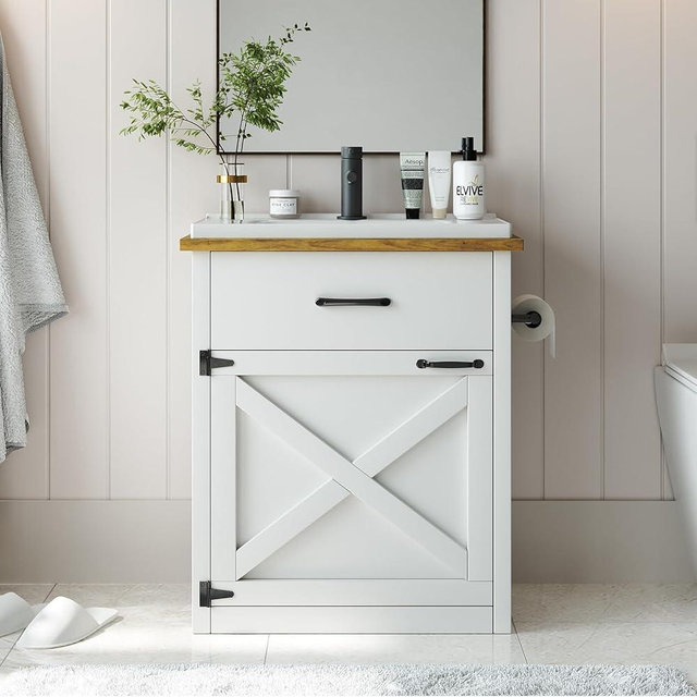 4ever2buy 24 Inch Bathroom Vanity with Sink, Farmhouse Freestanding Bathroom Cabinet with Drawer & Barn Door, White