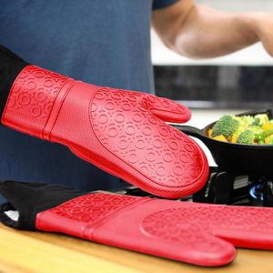 HOMWE Extra Long Professional Silicone Oven Mitt, Oven Mitts with Quilted Liner, Heat Resistant Pot Holders, Flexible Oven Gloves, Red, 1 Pair, 14.7 Inch