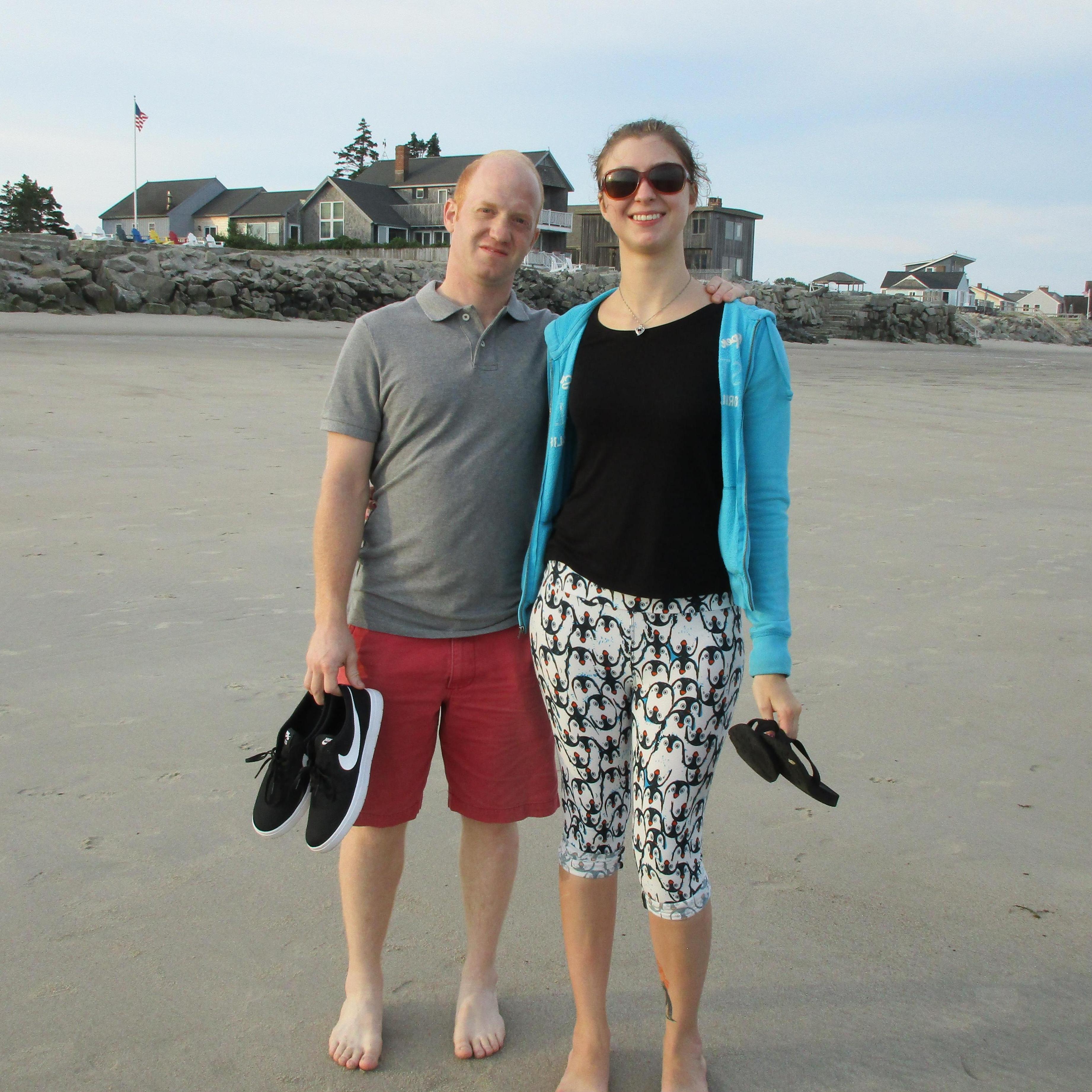 Our first BIG trip together!  This was taken on a frigid beach in Maine.