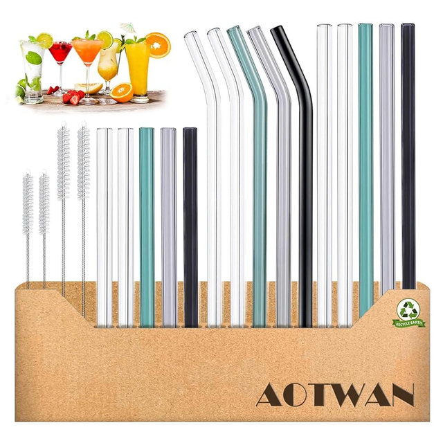 Glass Straws Drinking Reusable Colorful 19 Pack,Size 8.5''x10MM,8.5''x8MM and 6''x10MM,Glass Straws Shatter Resistant Including 10 Straight and 5 Bent with 4 Brushes,Reusable Glass Straws for Cocktail