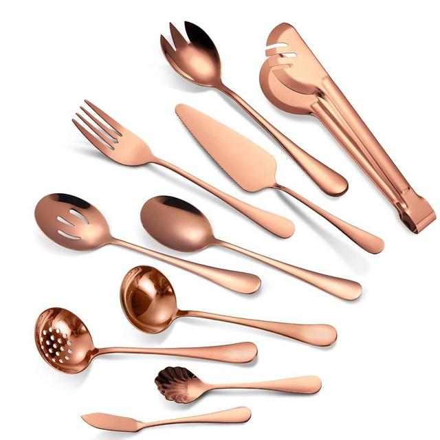 A · HOUSEWARE Rose Gold Serving Utensils Set 10 Pieces Copper Stainless Steel Catering Silverware Flatware Buffet Restaurant Banquet Include Fork Big Spoon Hostess Ladle Spatula Food Tong Cheese knife