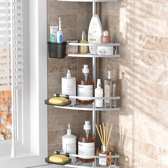 Foukus Tension Pole Shower Caddy Corner: Adjustable 4tier Bathroom Organizer Shelves - Rustproof Bathtub Shampoo Rack 43.5-120 inch