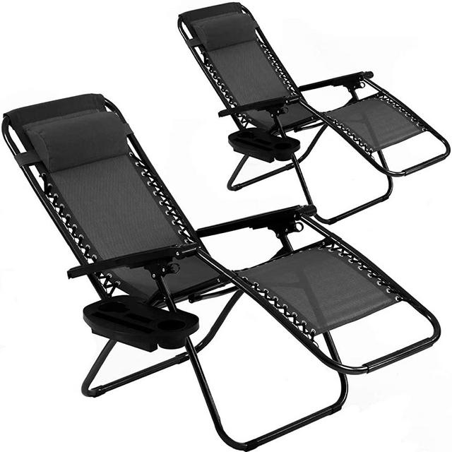 Zero Gravity Chair Patio Chair Lounge Chair Chaise 2 Pack Outdoor Folding Adjustable Recliner Chair with Cup Holder Tray and Pillows for Patio, Pool, Beach, Lawn, Deck, Yard - Black