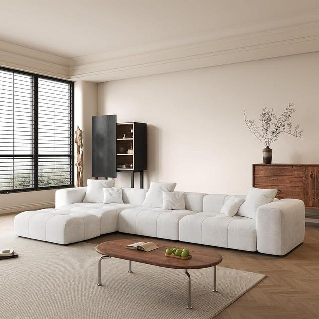 Oversized Deep Modular Sectional Sofa, Cloud Couch L Shaped with Chaise Ottoman, Breathable Linen Fabric Sectional Couches for Living Room/Bedroom/Apartment, Simple Assembly, White