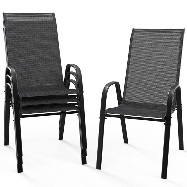 VINGLI Patio Chairs Set of 4 – Stackable Outdoor Dining Chairs with Comfortable Sling High Back Chairs and Armrests for Lawn, Poolside, Courtyard, Balcony, Garden, Black