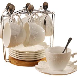 Jusalpha Porcelain Tea Cup and Saucer Coffee Cup Set with Saucer and Spoon, Set of 6 (6 Tea Cup Set With Bracket)