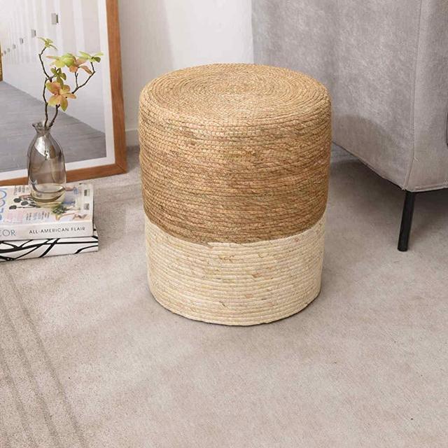 Wimarsbon Natural Seagrass Foot Stool, Hand Weaving Round Ottoman, Poof Pouffe Accent Chair, for Living Room, Bedroom, Nursery, kidsroom, Patio, Gym, Outdoor Seat - Natural & White