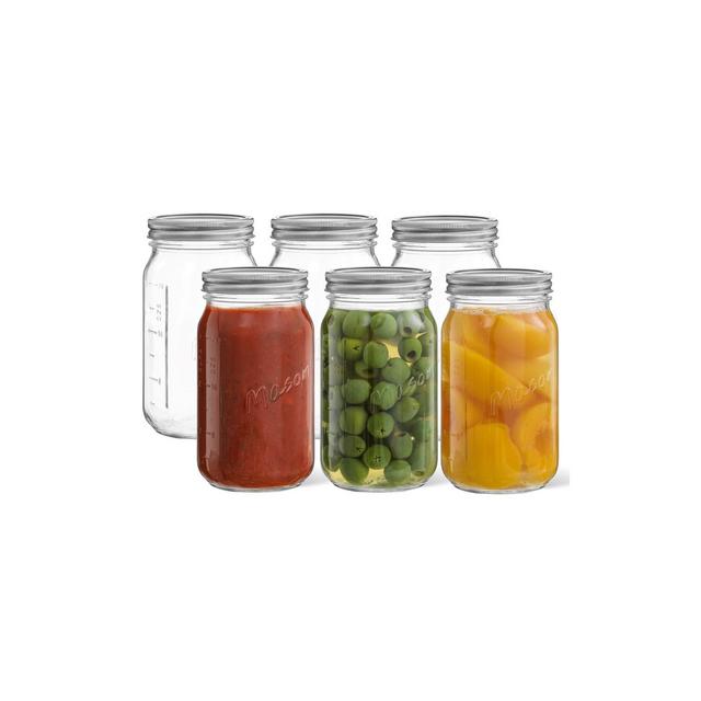 JoyJolt Wide Mason Jars with Airtight Lids, Labels and Measures - 32 oz - Set of 6