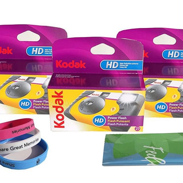 Kodak Power Flash Disposable Single Use Camera 800 ISO 35mm with Flash 27 Exposures (3 Pack) for High Definition (HD) Photos Plus 100% Silicone Wrist Band and a Microfiber Cleaning Cloth Yellow