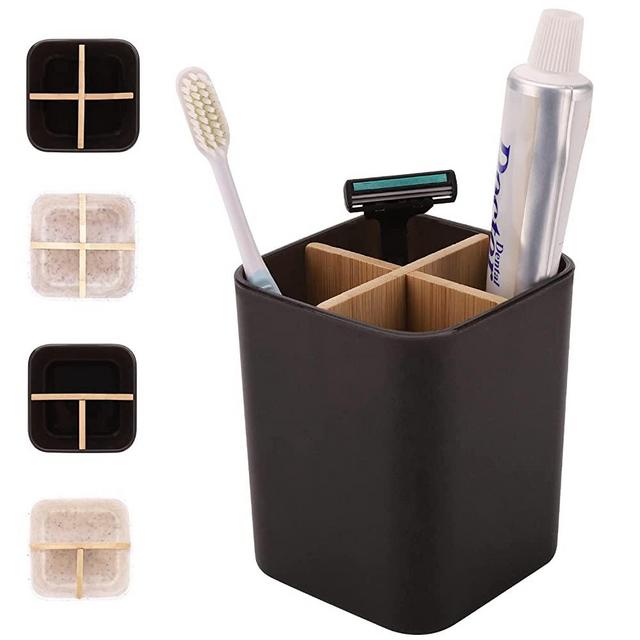 DAZUINIAO Bamboo Toothbrush Holder Toothbrush Stand 4 Slots Electric Toothbrush and Toothpaste Holder for Bathroom Countertop Multi-Functional Bathroom Organizer Storage Detachable, Black