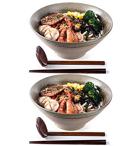 Ramen Soup Bowls, 2 Sets (6 Piece) 60 Ounce, Large Japanese Ceramic Serving Bowl with Matching Spoon and Chopsticks for Salad, Udon Soba Pho Asian Noodles, Imitation pottery