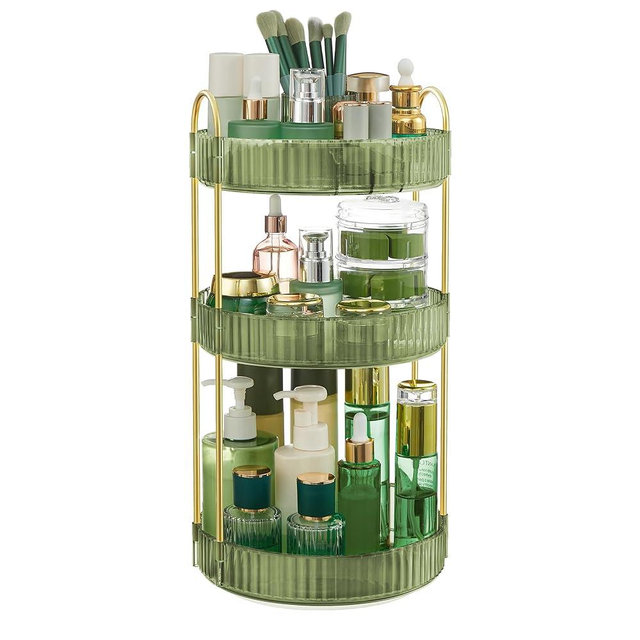 SONGMICS Makeup Organizer, 3-Tier Round Rotating Skincare Organizer Countertop, Customizable, Toiletries Vanity Organizer, Lazy Susan, Gift, Pale Green UJKA011C01