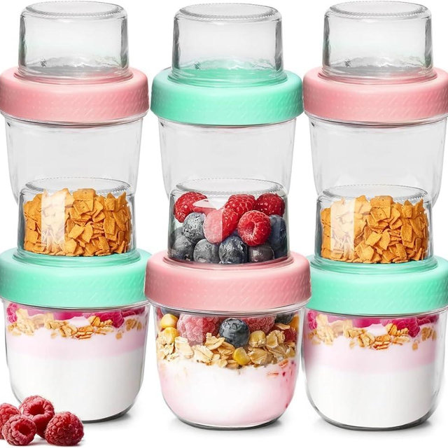 ComSaf Overnight Oats Containers with Lids (8oz+4oz, 6Pcs), Glass Yogurt Parfait Cups for Cereal Nut Fruit, Dual-Layer Chia Pudding Jars Reusable, Small Mason Jars for Salad, Meal Prep, Snack, Oatmeal