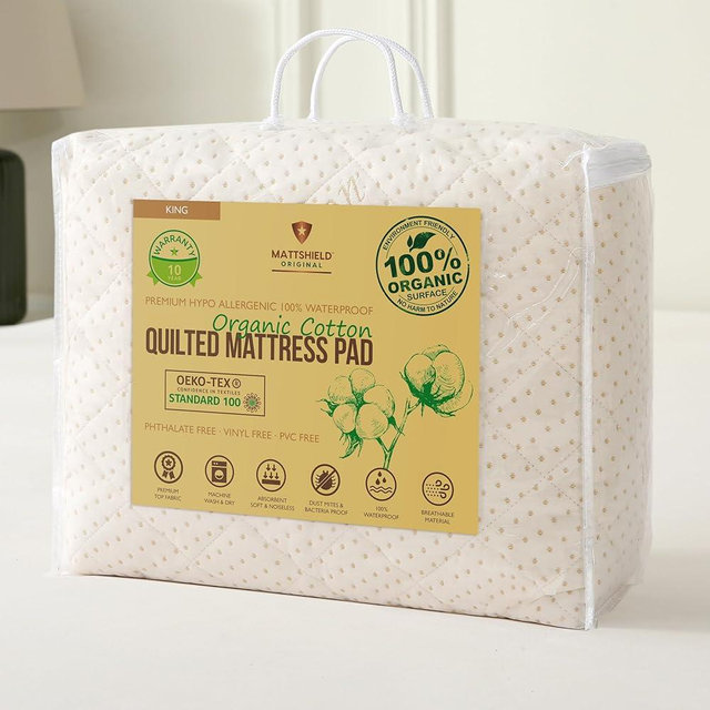 Luxury Waterproof Organic Mattress Pad Protector King Size - GOTS Certified Organic Cotton, Hypoallergenic Breathable Quilted Mattress Pad Cover - Premium 380 GSM Comfort - Allergy Shield Topper