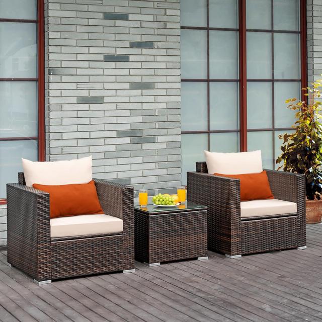 Costway 3PCS Patio Rattan Outdoor Furniture Set w/ Cushioned Sofa Coffee Table
