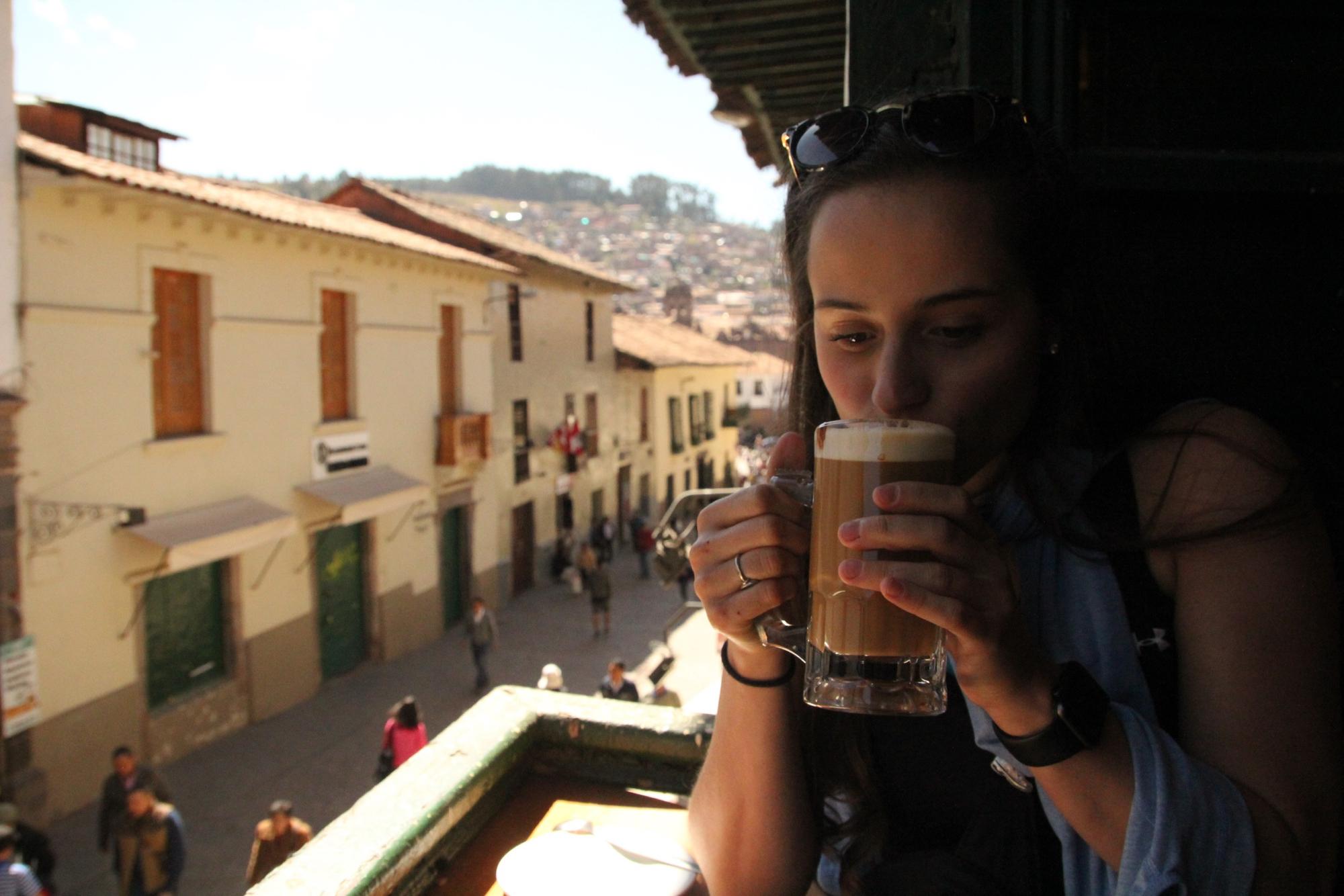 2018: Enjoying a coffee in Cusco, Peru