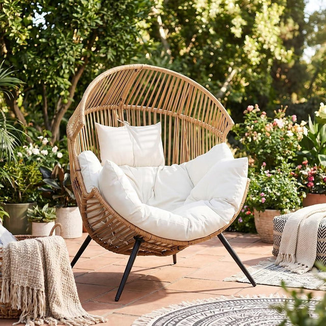 JAMFLY Egg Chair Wicker Outdoor Chairs, Oversized Patio Chair Oversized Lounger Chair with Cushion for Indoor Living Room, Bedroom, Outside Patio Backyard Balcony, Creamy White