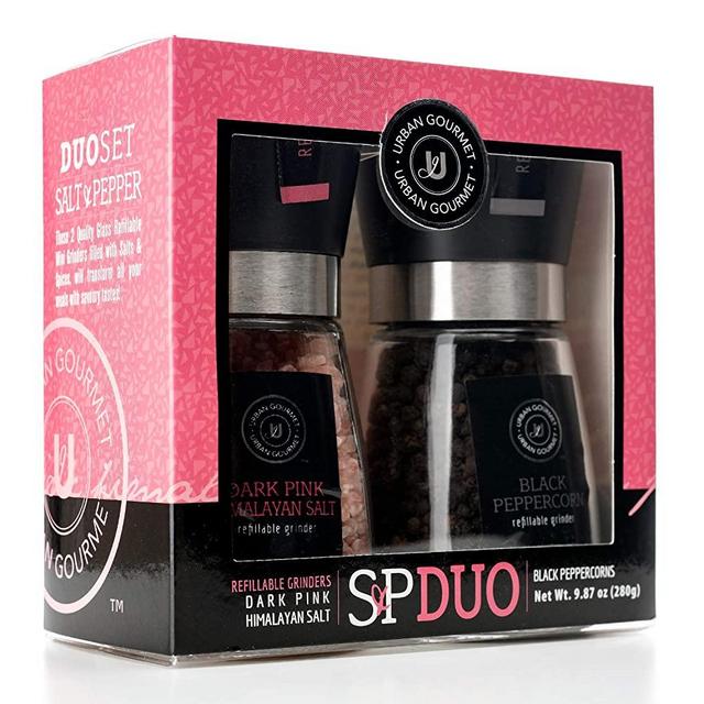 URBAN GOURMET Spice Mill Grinder Gift Set Box Pink Himalayan Salt 7.05oz and Black Peppercorns 2.82oz