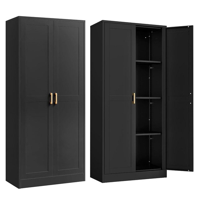SteeLoong Kitchen Cabinet Storage,60”Metal Pantry Cabinet with Doors and 3 Adjustable Shelves,Food Pantry Cabinets with 2 Gold Handles,Black Tall Storage Cabinet for Livingroom,Pantry,Bathroom,Kitchen