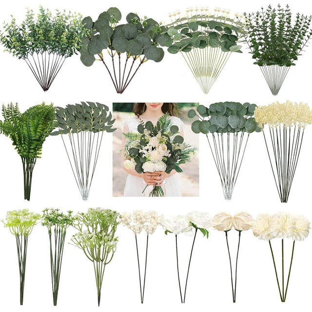 120Pcs 15 Kinds Mixed Artificial Eucalyptus Leaves Stems and Faux Flowers Bulk, Fake Silver Dollar Eucalyptus Bundle Plants Greenery Branches for Wedding Vase Bouquets Floral Arrangement Home Decor