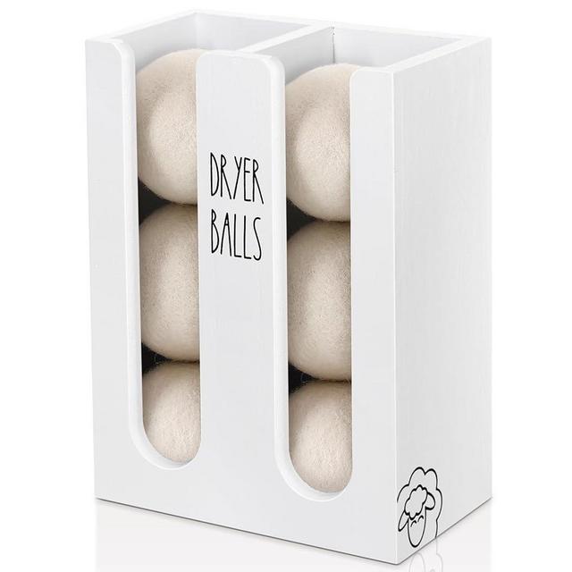 Ukonvi Magnetic Dryer Ball Holder for Laundry Room Organization, Wood Dryer Ball Container Wall Mount, Dryer Balls Organizer for Laundry Room Storage, Laundry Wool Dryer Ball Dispenser Basket (White)