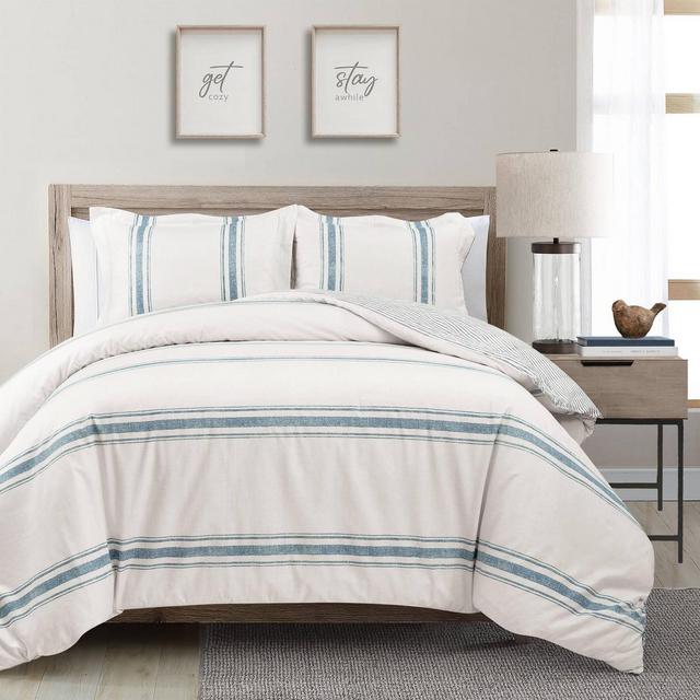 King 3pc Farmhouse Stripe Duvet Set Blue - Lush Décor