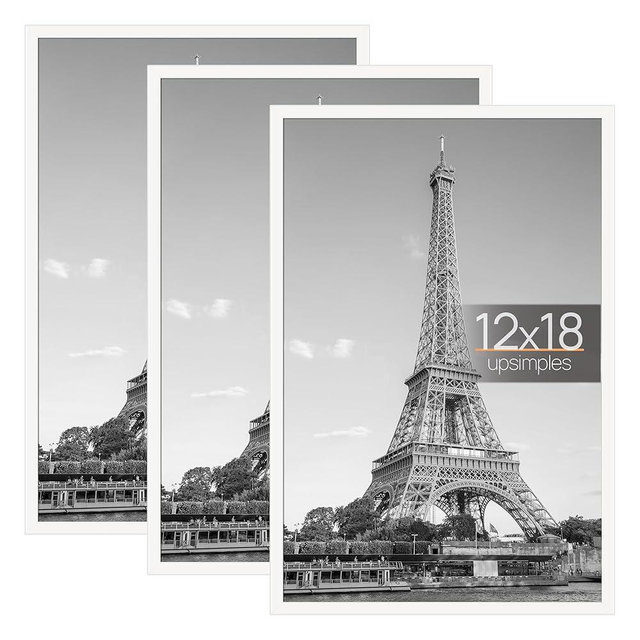 upsimples 12x18 Picture Frame White 3 Pack, Scratch-Proof Poster Frames 12 x 18 for Photo Gallery - Slide-In Strips, Horizontal or Vertical Wall Mounting