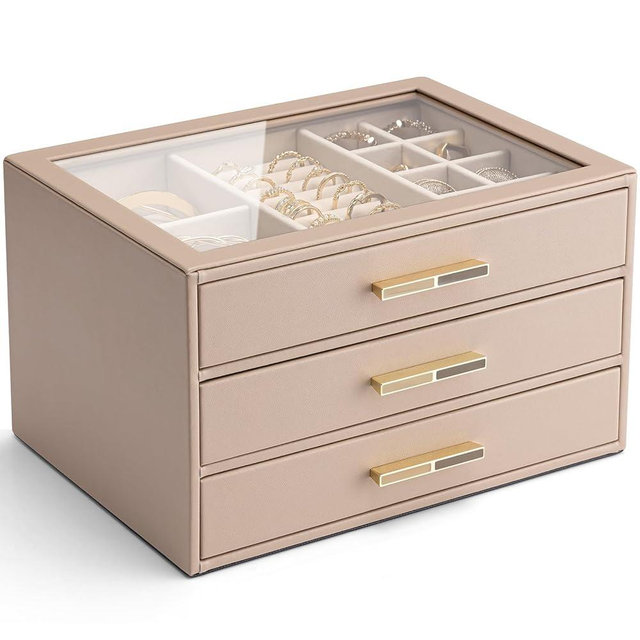 Vlando 3 Layer Jewelry Box for Women, Glass Lid Jewelry Organizer with 3 Drawers for Necklaces Rings Earrings Bracelets - Toffee