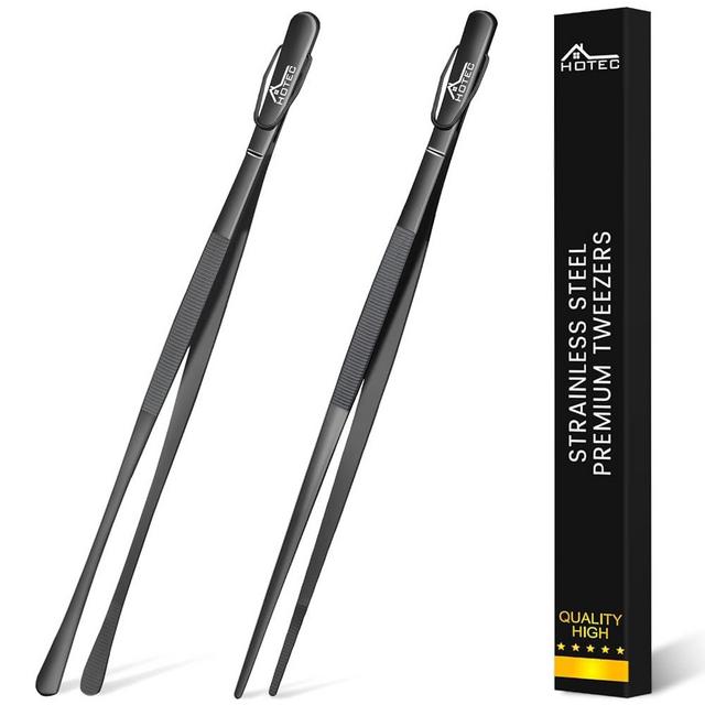 Hotec 12-Inch Stainless Steel Kitchen Tweezers Professional Tweezer Tongs for Cooking,Grill and Baking, Extra-Long Foood Tweezer, Set of 2