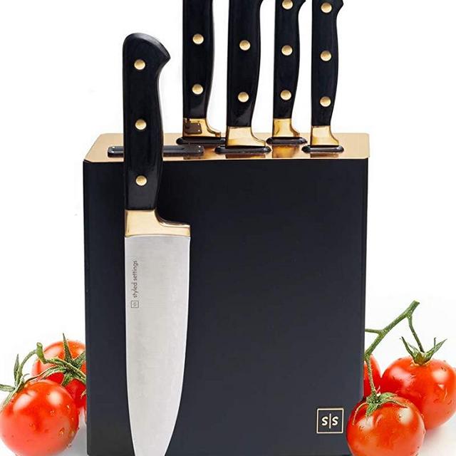 Gold Knife Set with Sharpener Built In - Kitchen Knives Set with Block Self Sharpening, 7-PC Black & Gold Knife Set, Self Sharpening Knife Block Set - Gold Kitchen Accessories & Black Kitchen Decor