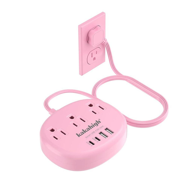 Pink Extension Cord with USB C - 5 FT Kawaii Power Strip, 1625W Cute Extension Cord with 3 AC Outlet 4 USB (24W/4.8A), Compact for Cute Pink Kawaii Desk Home Essentials