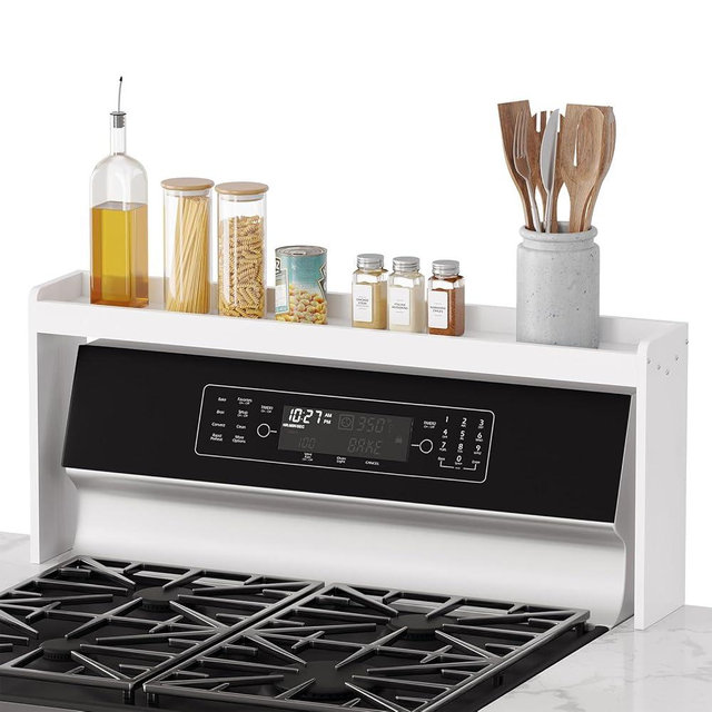 SpaceAid Bamboo Over the Stove Spice Holder Shelf, 31.5" Kitchen Organizer Stove Spice Top Rack, 11.6" Height Countertop Storage, Over Oven Back Sink Organization Shelf, White