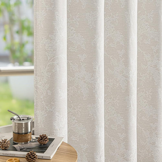 FMFUNCTEX Beige Floral Jacquard Blackout Curtains 63 Inch Length for Bedroom, Scroll Flower Chenille Farmhouse Curtains for Living Room Darkening Thermal Insulated Grommet Window Drapes 2 Panels