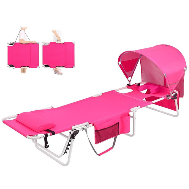Minndudu Tanning Chair with Sun Canopy Face Hole, Heavy Duty Folding Chaise Lounge Chair 5 Position Reclining for Adults Outside Reading Sunbathing Poolside Beach, UPF 50+ Sun Shade, 300 LBS, Pink