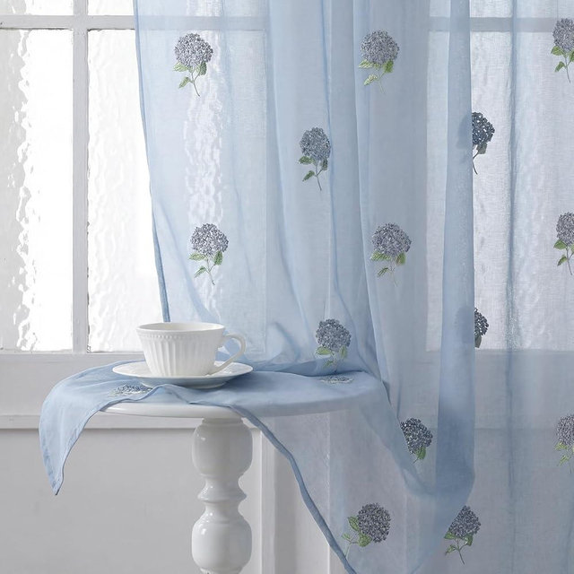 Tegeme 2 Panels Dusty Blue Hydrangea Sheer Curtains 84 Inches Long Embroidered Voile Curtains Decorative Coquettish Sheer Shades Faux Linen Semi Window Decor for Home Party Office