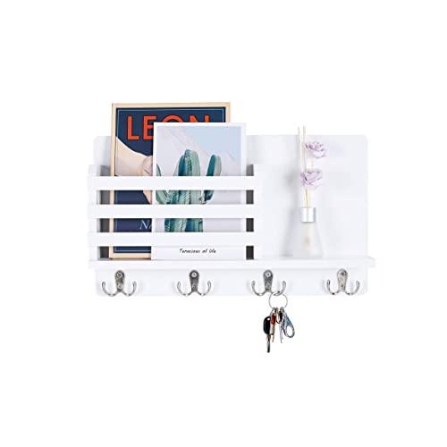Artmag Wooden Key Mail Holder Wall Mounted Mail Sorter Organizer with 4 Double Coat Key Hooks and A Floating Shelf Rustic Hanging Decor for Entryway or Mudroom,White