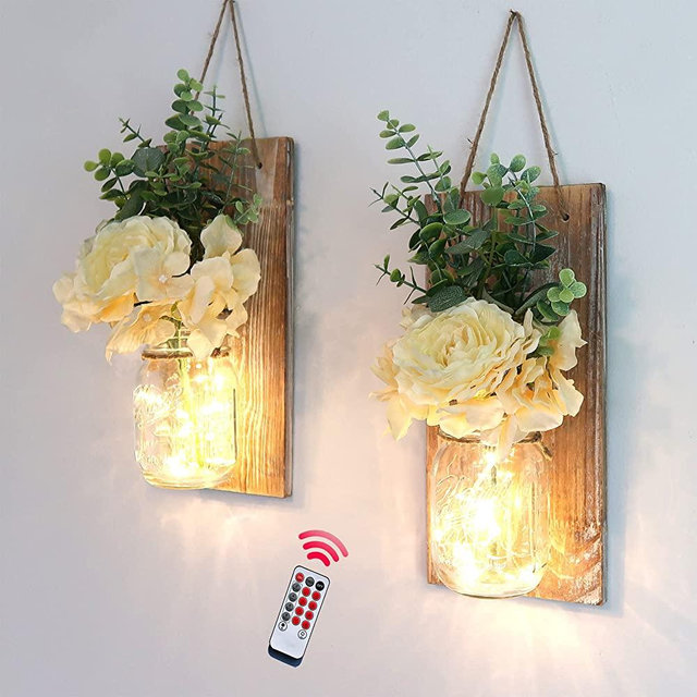 Wall Sconces Set of Two with Remote-BeSuerte Farmhouse Wood Wall Art Decor for Home Living Room Bedroom Decorations with Rose Bouquet Flowers and LED Fairy Lights (Large Brown)