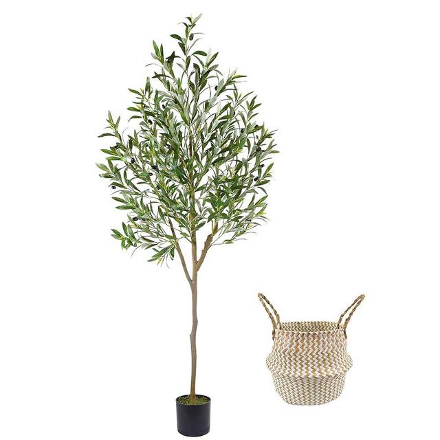 Warmplants Artificial Olive Tree, 6ft Tall Fake Olive Leaves Plant with Basket, Indoor Outdoor Faux Olive Topiary Silk Tree for Home Livingroom Office Décor